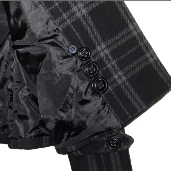 Giacca Plaid Black & Gray Wool Blend Military Style Peacoat - Picture 3 of 7